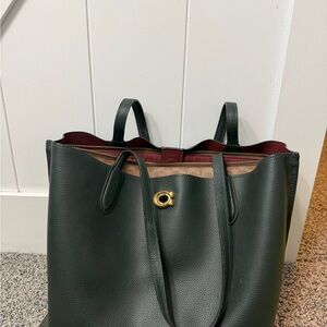 Coach Dark Green Leather Willow Tote with Burgundy Interior